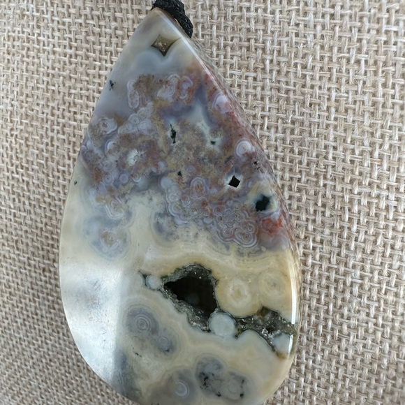 Large Ocean Jasper Teardrop Pendant Necklace on Thin Leather Rope - Picture 5 of 12